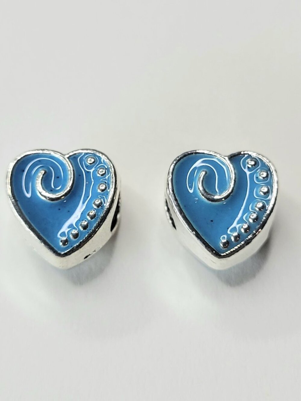 New! For Pandora Bracelets TWO Bright Blue And Silver Color Chunky Heart Charms - Picture 2 of 5